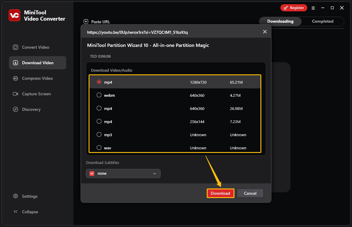 Choose the output format and resolution of your video and click Download in MiniTool Video Converter