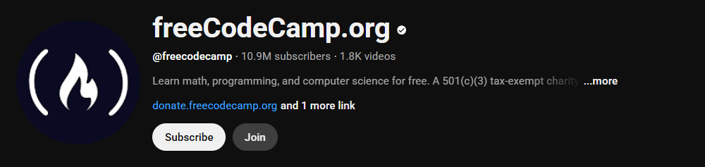 The channel homepage of freeCodeCamp.org