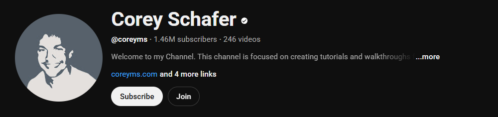 The channel homepage of Corey Schafer