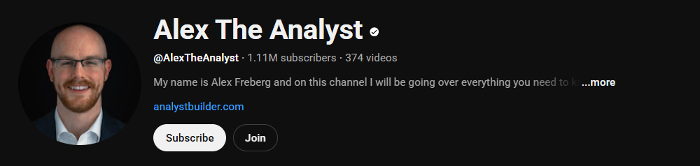 The channel homepage of Alex The Analyst
