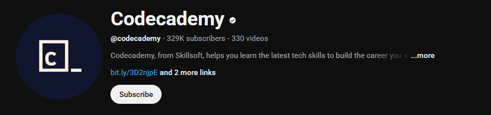 The channel homepage of Codecademy