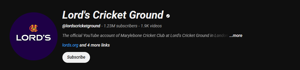 The channel homepage of Lord’s Cricket Ground