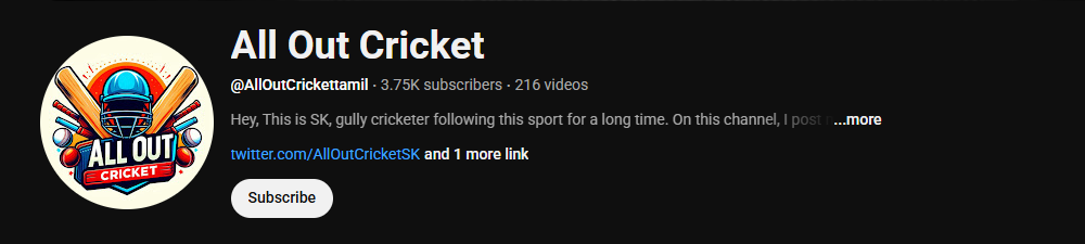 The channel homepage of All Out Cricket