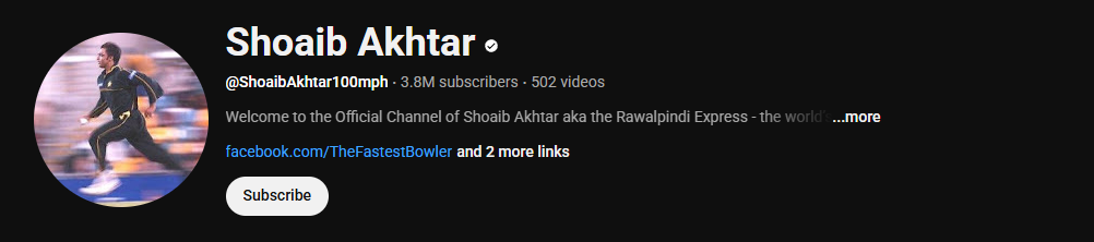The channel homepage of Shoaib Akhtar