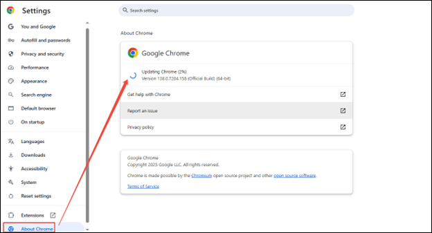 Go to Settings and click on About Chrome to update the Google Chrome browser