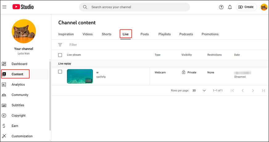 Click on the Content tab on the left side and select the Live section in YouTube Studio
