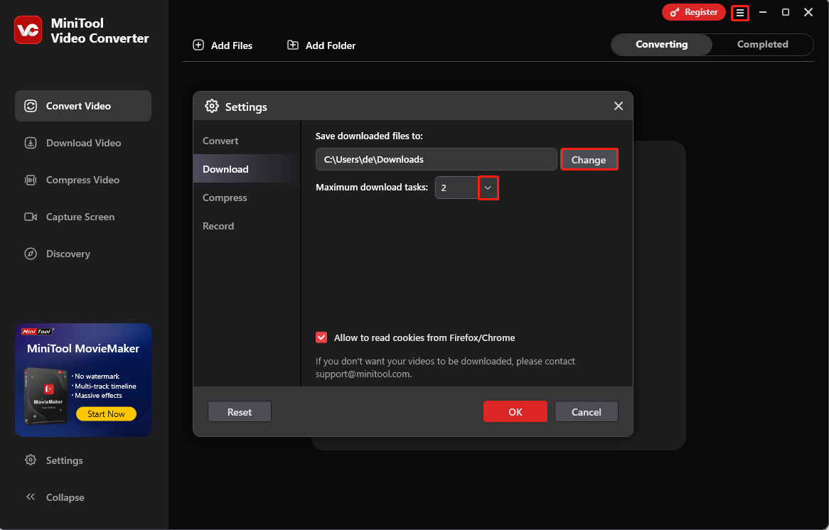 Passen Sie die Download-Einstellung an