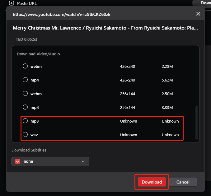 Wählen Sie im Pop-up-Fenster MP3 oder WAV als Ausgabeformat aus und klicken Sie auf die Schaltfläche Herunterladen