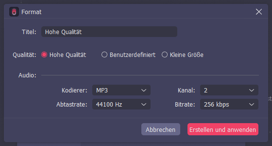 Passen Sie die Audioausgabe und klicken Sie auf Erstellen und anwenden, um die Einstellungen zu bestätigen
