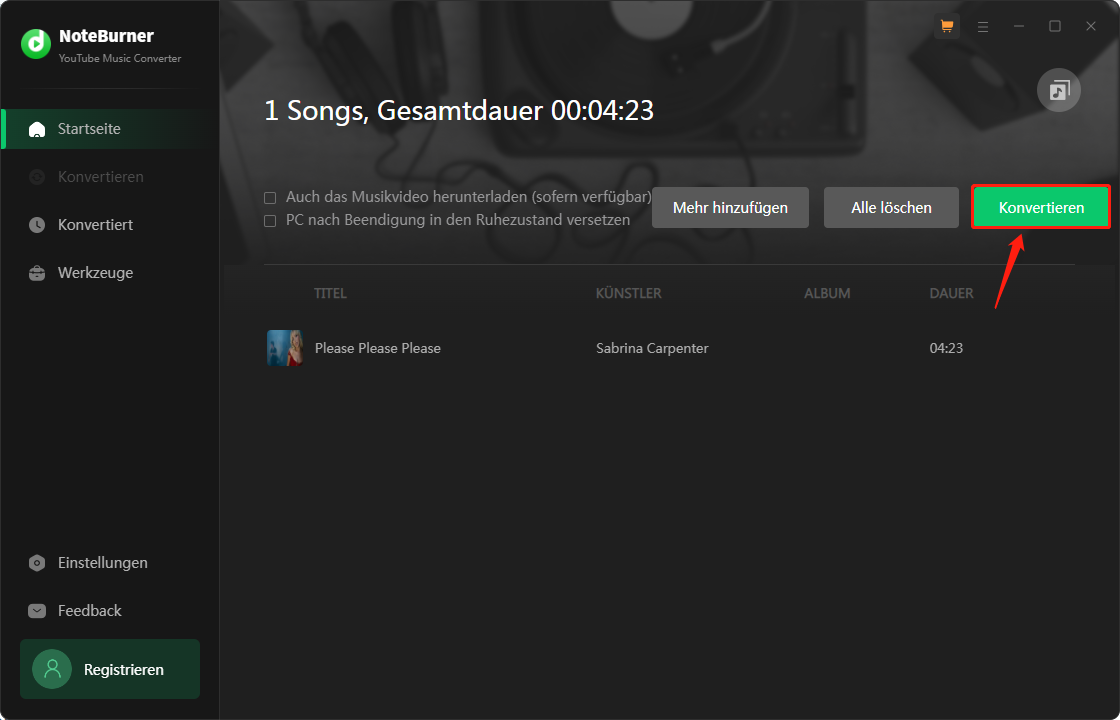 Nachdem Sie die Musik hinzugefügt haben, klicken Sie auf die Schaltfläche Konvertieren