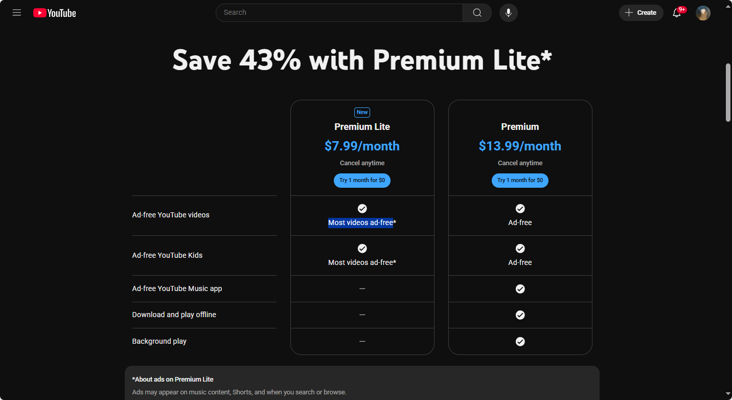 The purchase page of YouTube Premium Lite and YouTube Premium