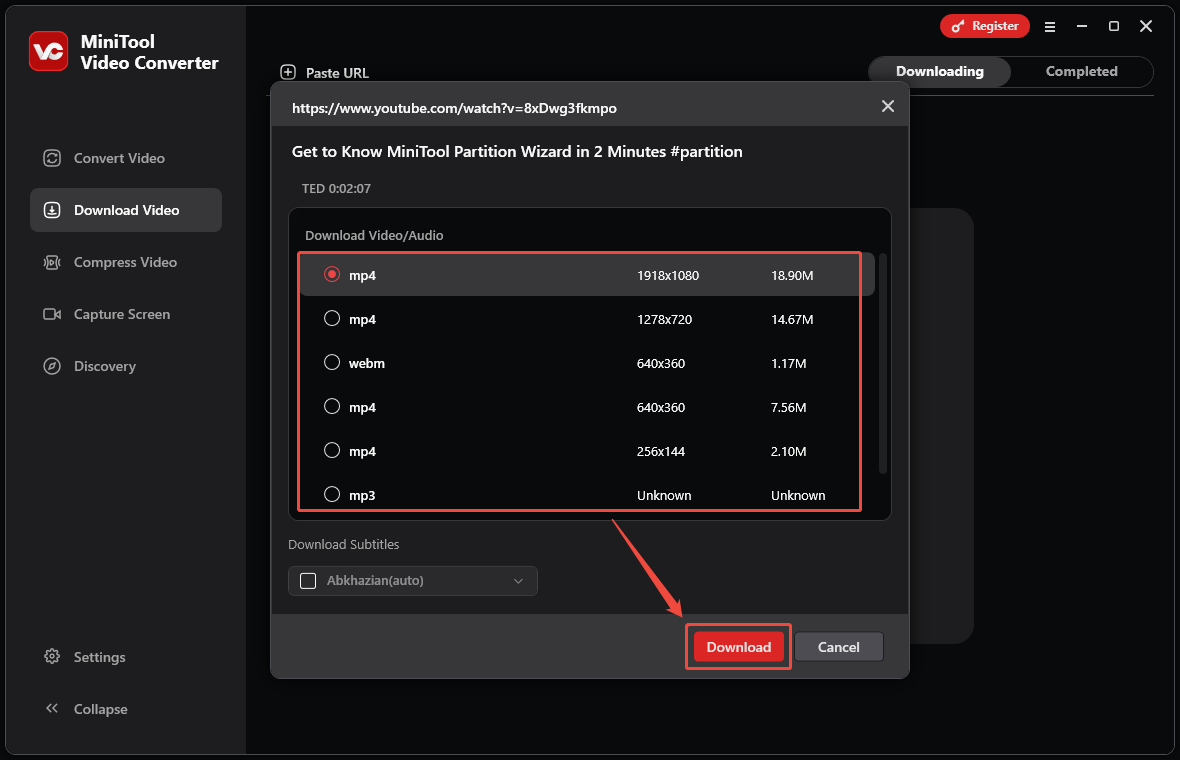 Select the export format and click Download in MiniTool Video Converter