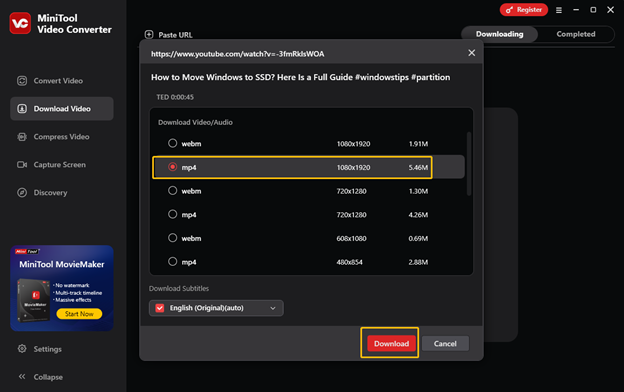 Choose an output format and resolution, and click on Download to start downloading the YouTube video in MiniTool Video Converter