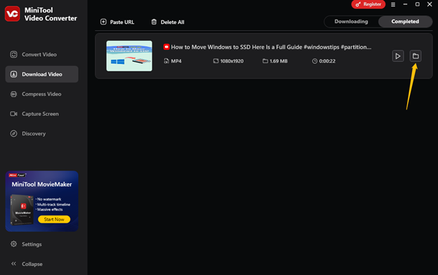 Click on the folder icon to find the downloaded YouTube video in MiniTool Video Converter