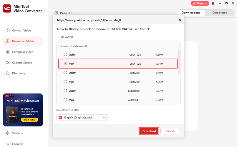 Select the download format and click, and click on Download in MiniTool Video Converter