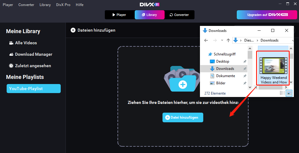 Ziehen Sie die Videodatei in das gestrichelte Feld der neuen Playlist im DivX Player
