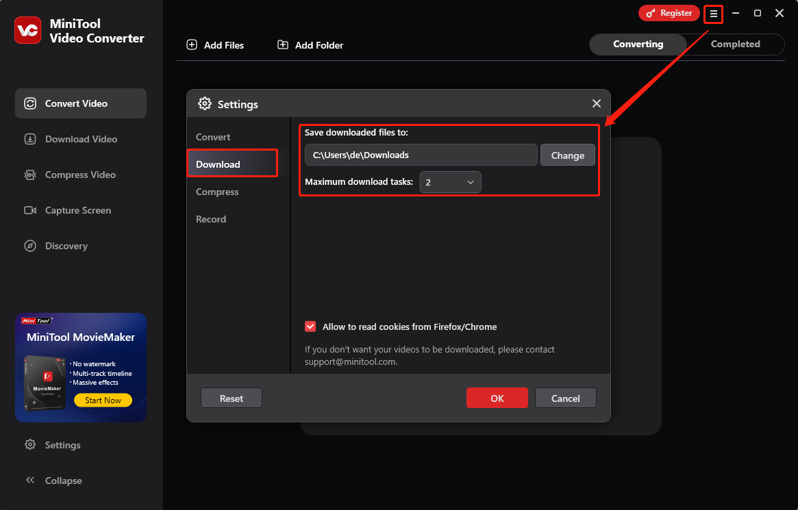 Passen Sie Ihre Voreinstellungen an, indem Sie auf das Symbol mit den drei Linien klicken, Einstellungen auswählen und zur Registerkarte Download in MiniTool Video Converter wechseln.