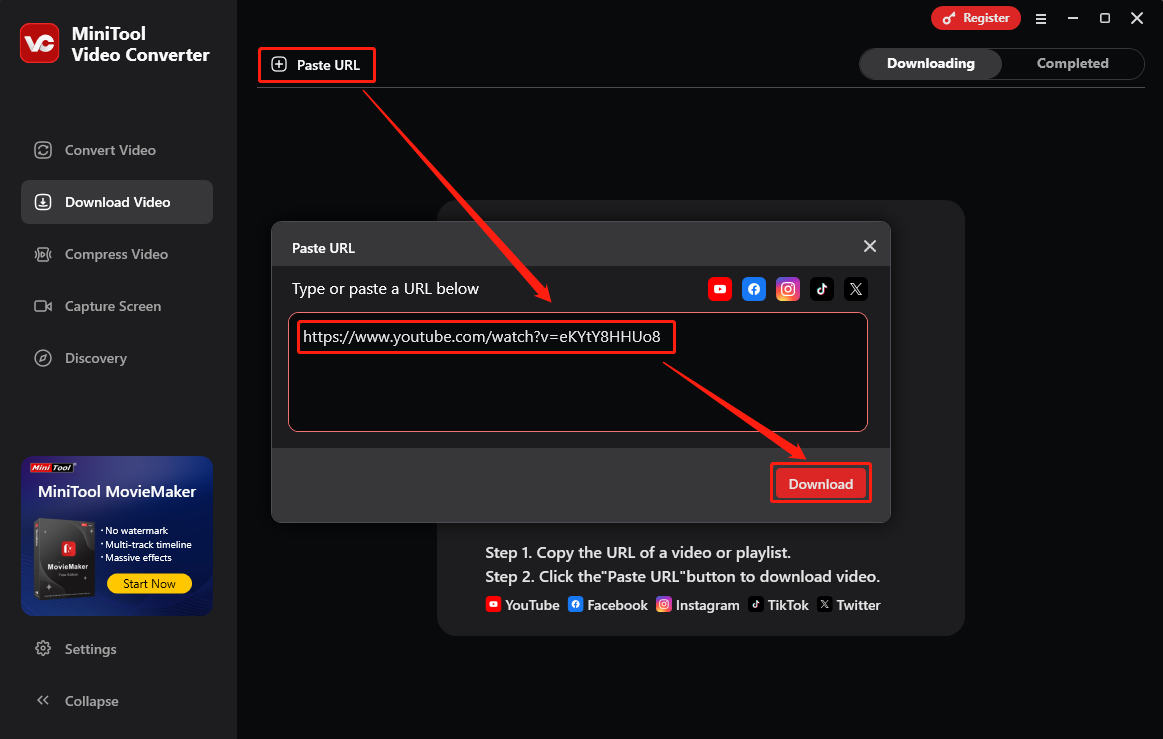 Klicken Sie auf URL einfügen, fügen Sie die URL in das Fenster ein und klicken Sie auf Herunterladen in MiniTool Video Converter.