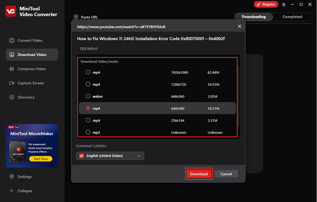 Wählen Sie das Format aus und klicken Sie auf Herunterladen, um mit MiniTool Video Converter zu starten.