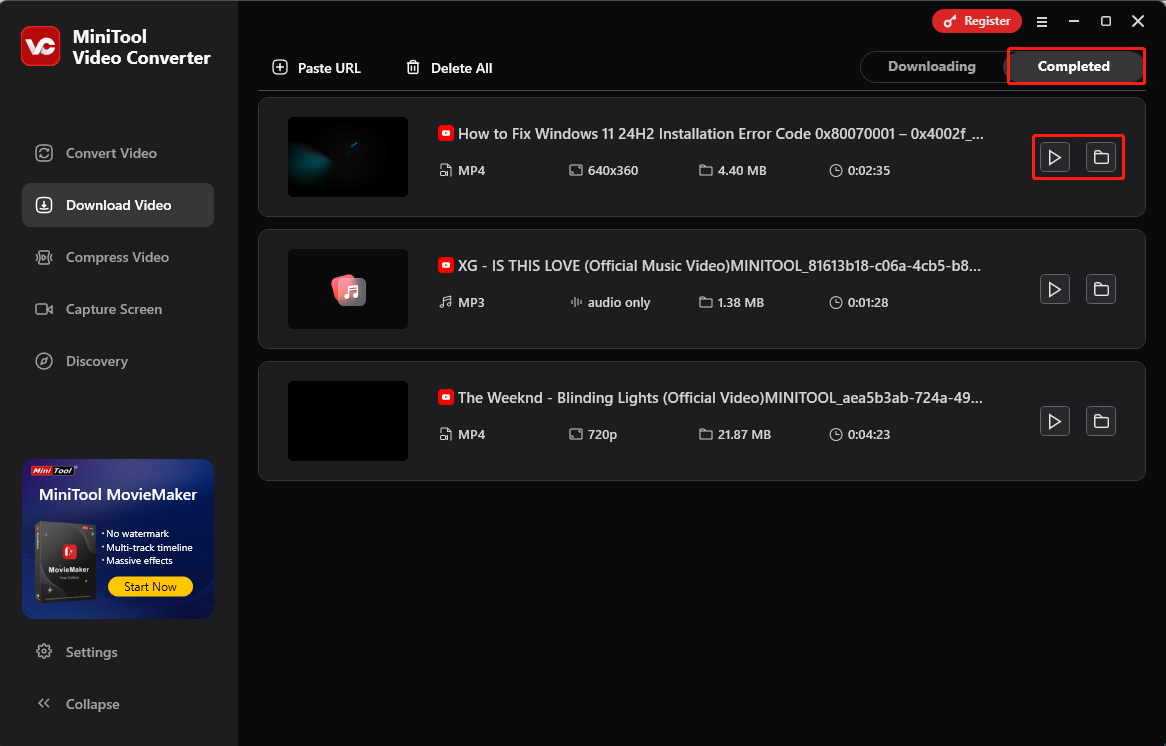 Klicken Sie auf das Wiedergabesymbol oder das Ordnersymbol unter der Registerkarte Abgeschlossen in MiniTool Video Converter.