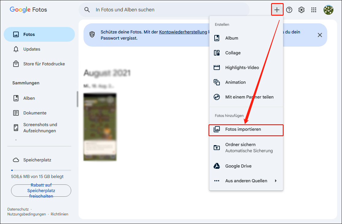 Klicken Sie auf das + Symbol und wählen Sie Fotos importieren, um YouTube-Videos in Google Fotos zu laden.