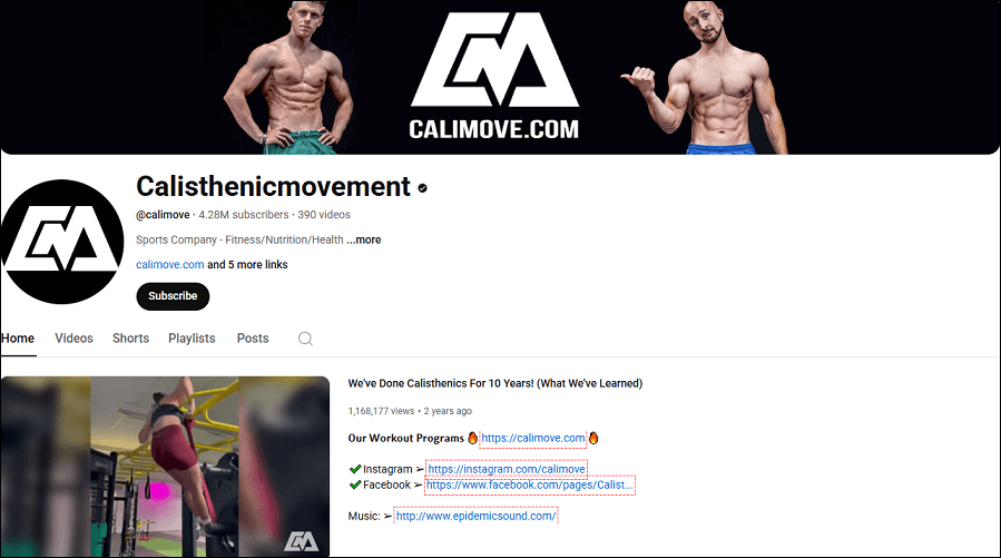 The channel homepage of Calisthenicmovement on YouTube