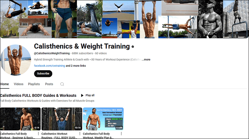 The channel homepage of Calisthenics & Weight Training on YouTube