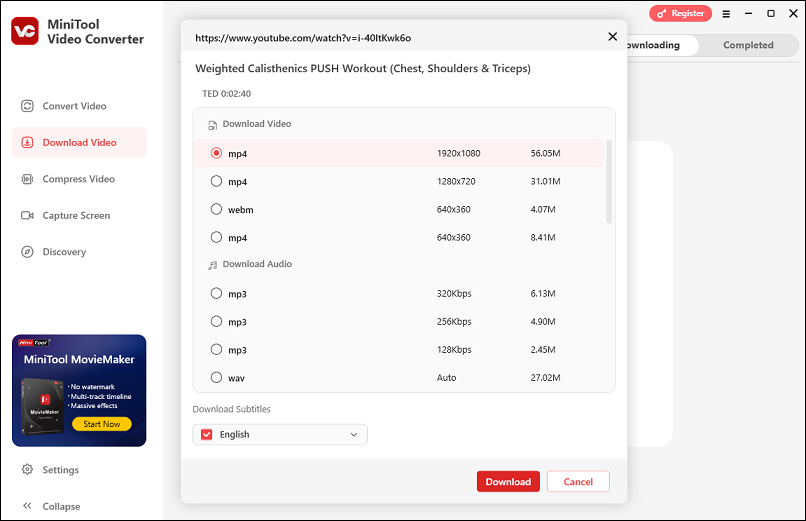 Choose the output format and quality, and click Download in MiniTool Video Converter