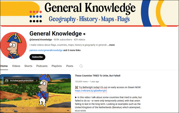 The channel homepage of General Knowledge on YouTube