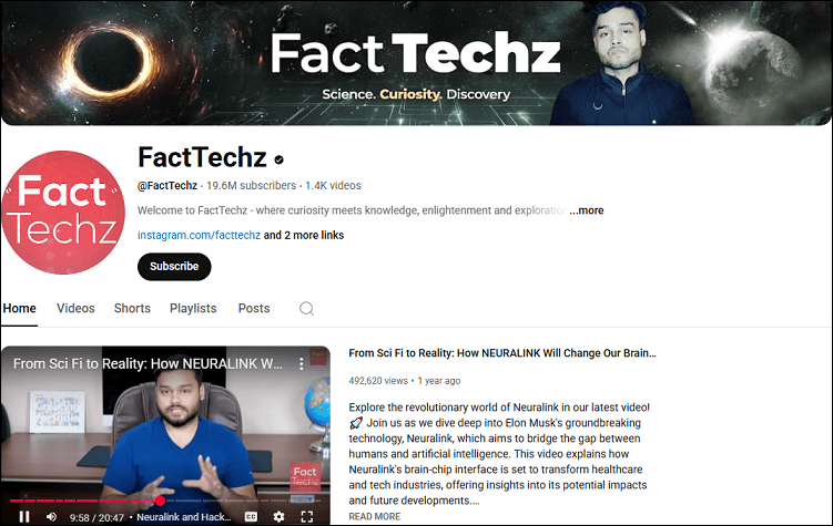 The channel homepage of FactTechz on YouTube