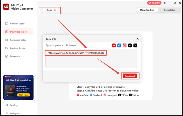 Click on Paste URL, paste the Dutch video link, and click on Download to analyze it in MiniTool Video Converter