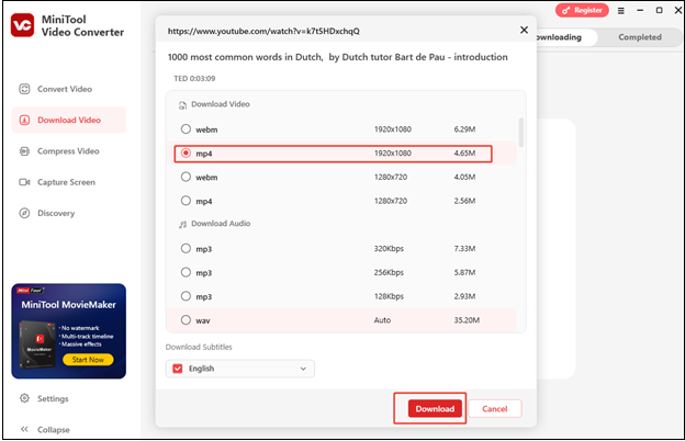 Choose a video format and resolution, and click on Download to download the Dutch video