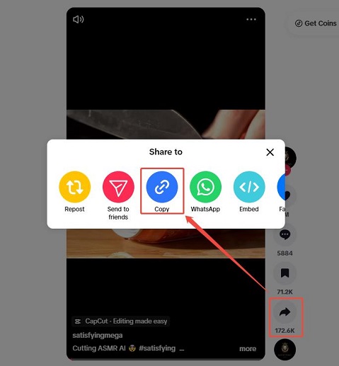 Click the Share icon and click on Copy to copy the video link on TikTok