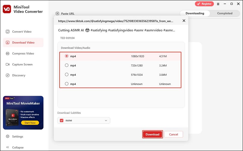 Choose a download option under Download Video/Audio and click on Download to save the TikTok video in MiniTool Video Converter