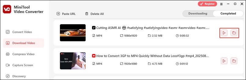 Click the play icon to play the TikTok video or click the folder icon to find it in MiniTool Video Converter