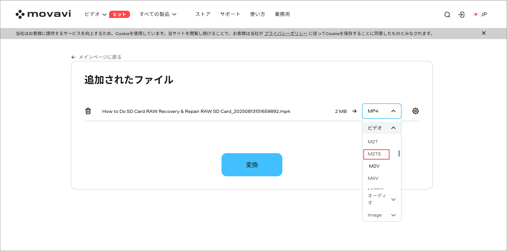 「ビデオ」サブタブをクリックして、出力形式としてM2TSを選択