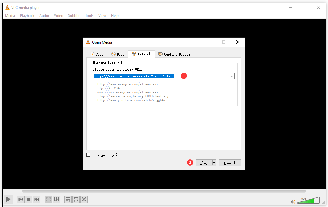 Copy and paste the YouTube video URL into VLC