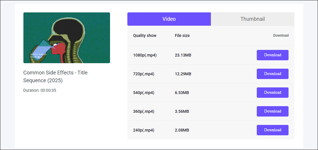 Choose the video quality and click Download on viddown.net