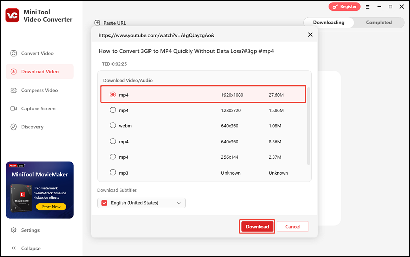 Select the MP4 format and quality, and click on Download to download the YouTube video in MiniTool Video Converter