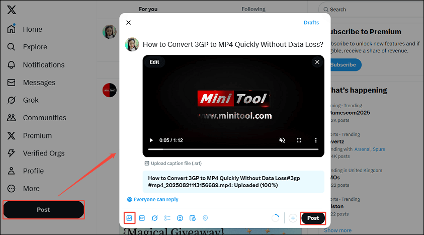 Click on Post, click the Media icon, and click on Post to publish the tweet on Twitter