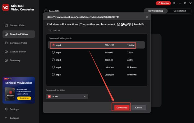 Choose an output format and quality, then click on Download to download the Facebook video in MiniTool Video Converter