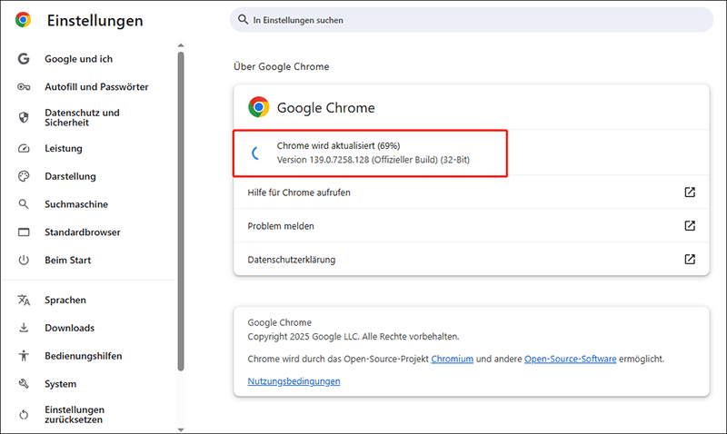 Wenn Google Chrome nicht die neueste Version ist, installiert der Browser die Updates automatisch.