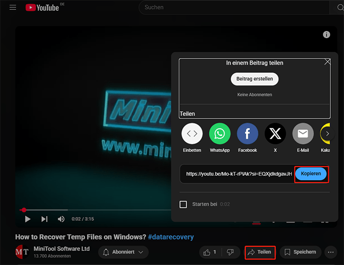 Finden Sie das Video, das Sie speichern wollen, klicken Sie auf Teilen > Kopieren, um den Videolink zu bekommen.
