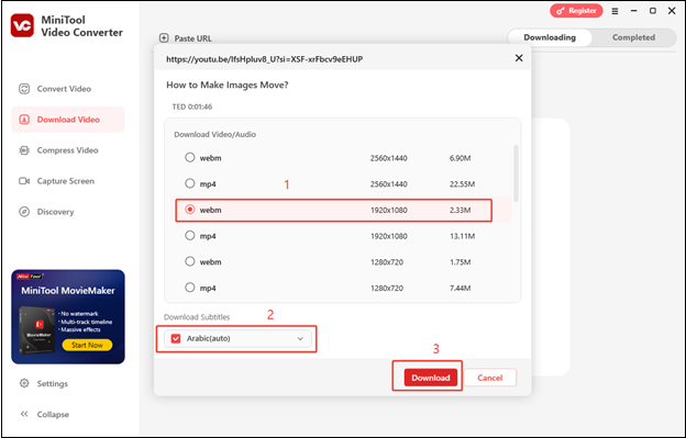 Choose an output format and resolution, decide whether to download subtitles, then click on Download to start downloading the YouTube video in MiniTool Video Converter