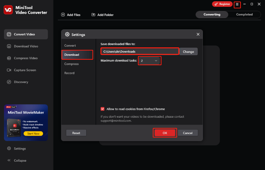 Konfigurieren Sie die Download-Einstellungen in MiniTool Video Converter