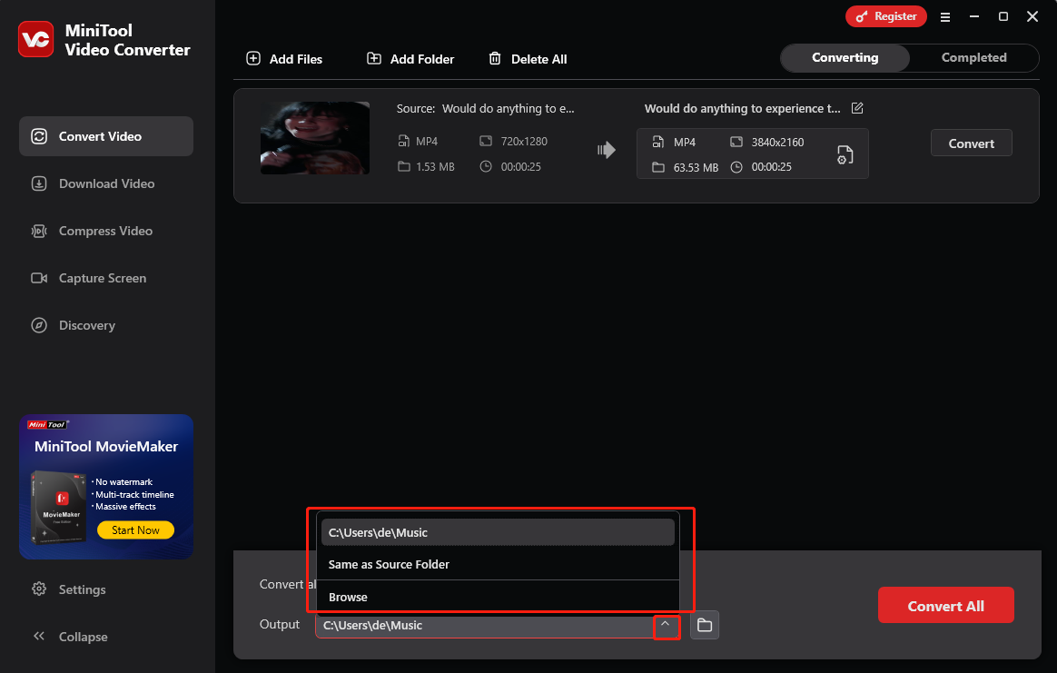 Erweitern Sie die Option Ausgabe im MiniTool Video Converter, um einen Speicherort für Ihre konvertierten Dateien auszuwählen
