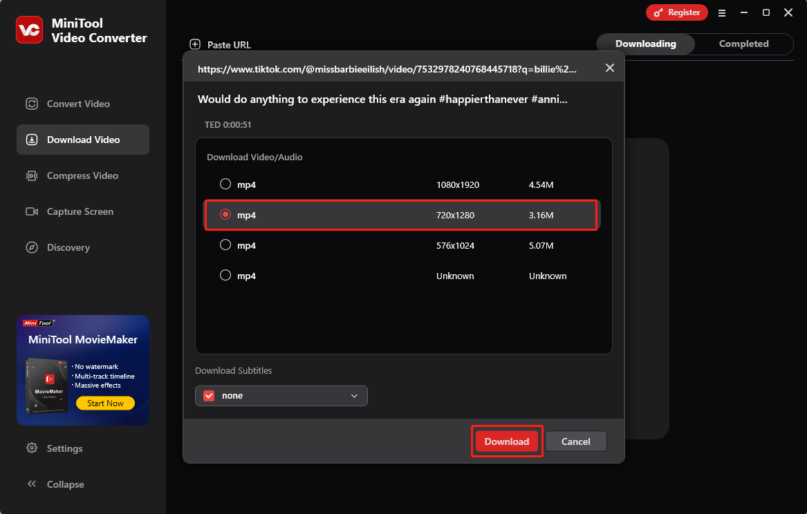 Wählen Sie die HD-Auflösung und klicken Sie auf die Download-Schaltfläche in MiniTool Video Converter, um mit dem Herunterladen zu beginnen
