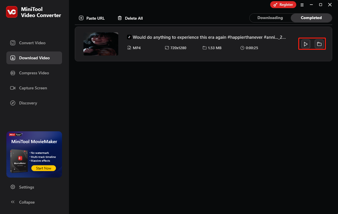 Klicken Sie auf das Wiedergabe- oder Ordnersymbol in MiniTool Video Converter, um Ihr TikTok-Video anzusehen oder zu finden