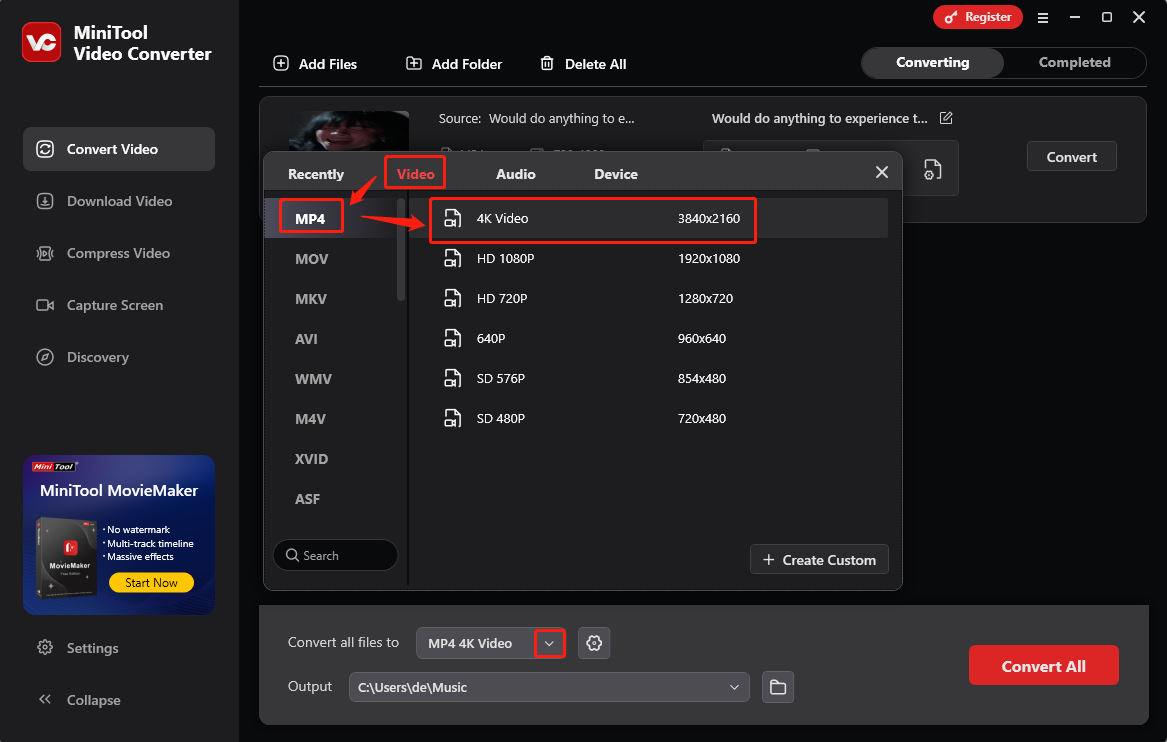 Erweitern Sie die Option Alle Dateien konvertieren in im MiniTool Video Converter, um das Fenster für das Ausgabeformat aufzurufen, und wählen Sie MP4 4K als Ausgabeformat