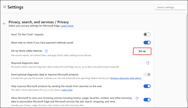 Click the Set up button next to the Set up family safety features option in Microsoft Edge Settings